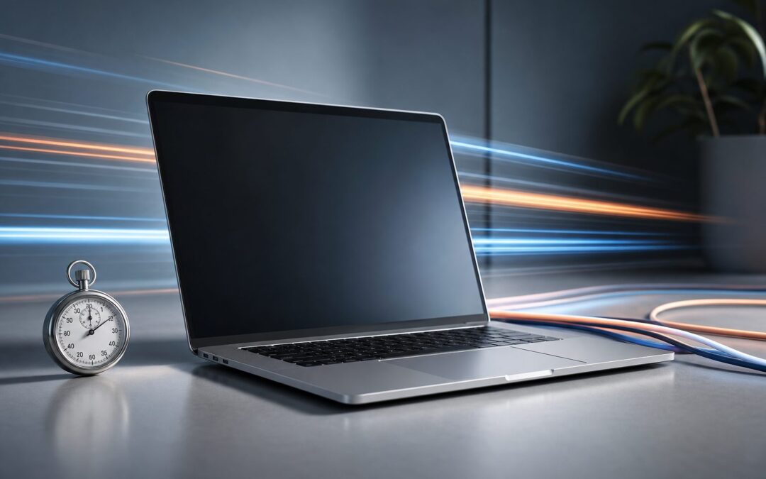 Laptop showing a fast-loading web page performance dashboard