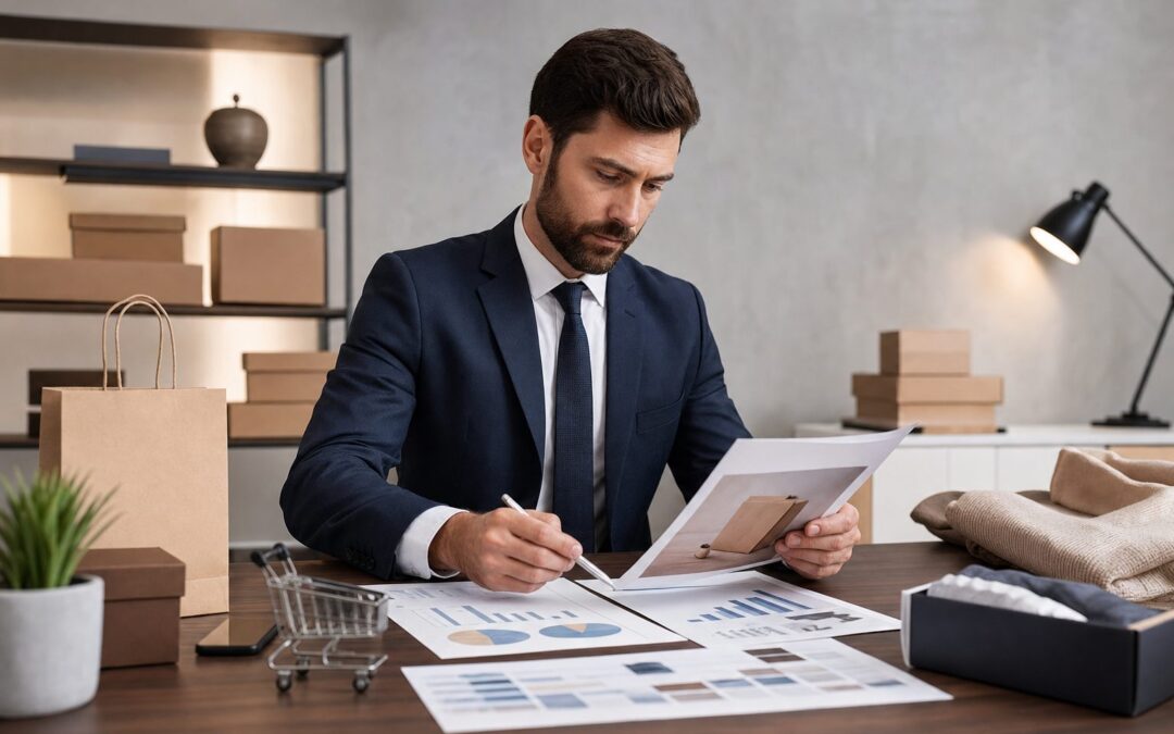 Online store owner reviewing marketing campaigns and sales analytics